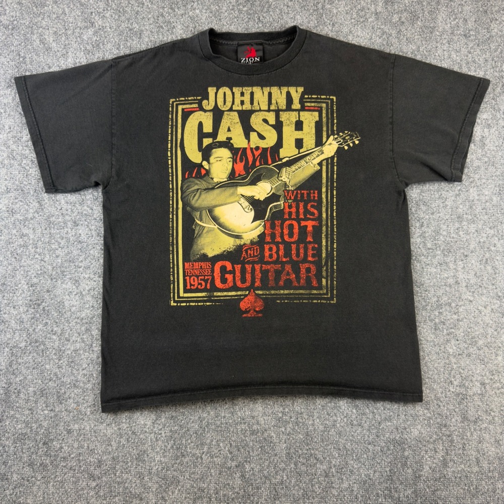 Johnny Cash Zion Rootswear Shirt Mens Large Black Hot and Blue Guitar 2009 Vtg